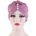 Cappello turbante con cappuccio decorativo con perle, piega sulla fronte da donna, 2 pezzi, One Size