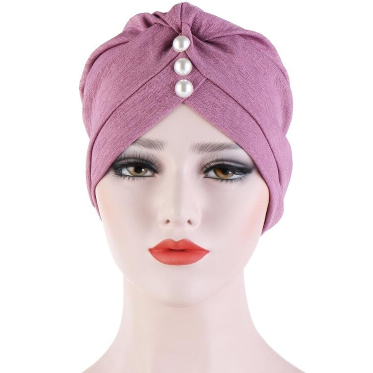Cappello turbante con cappuccio decorativo con perle, piega sulla fronte da donna, 2 pezzi, One Size