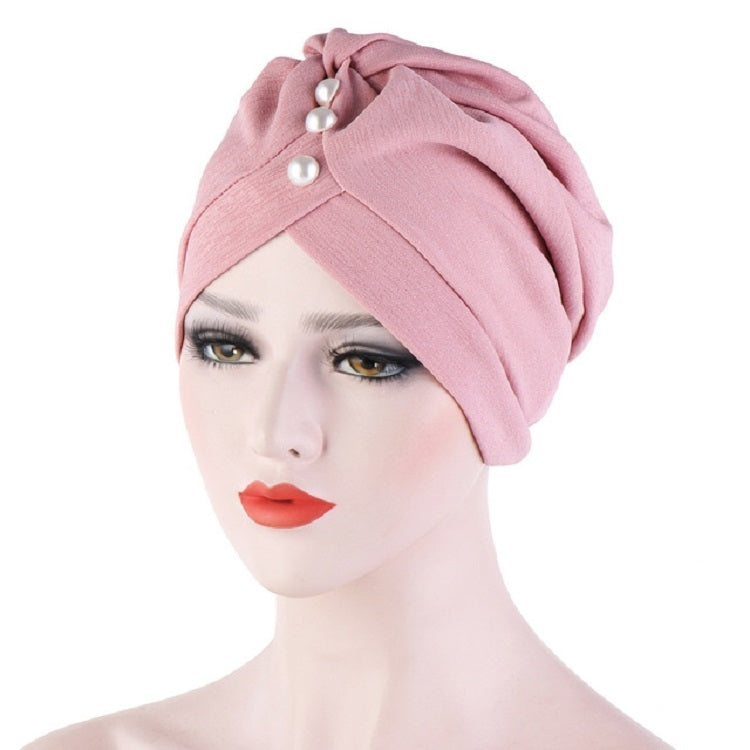 Cappello turbante con cappuccio decorativo con perle, piega sulla fronte da donna, 2 pezzi, One Size