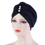 Cappello turbante con cappuccio decorativo con perle, piega sulla fronte da donna, 2 pezzi, One Size