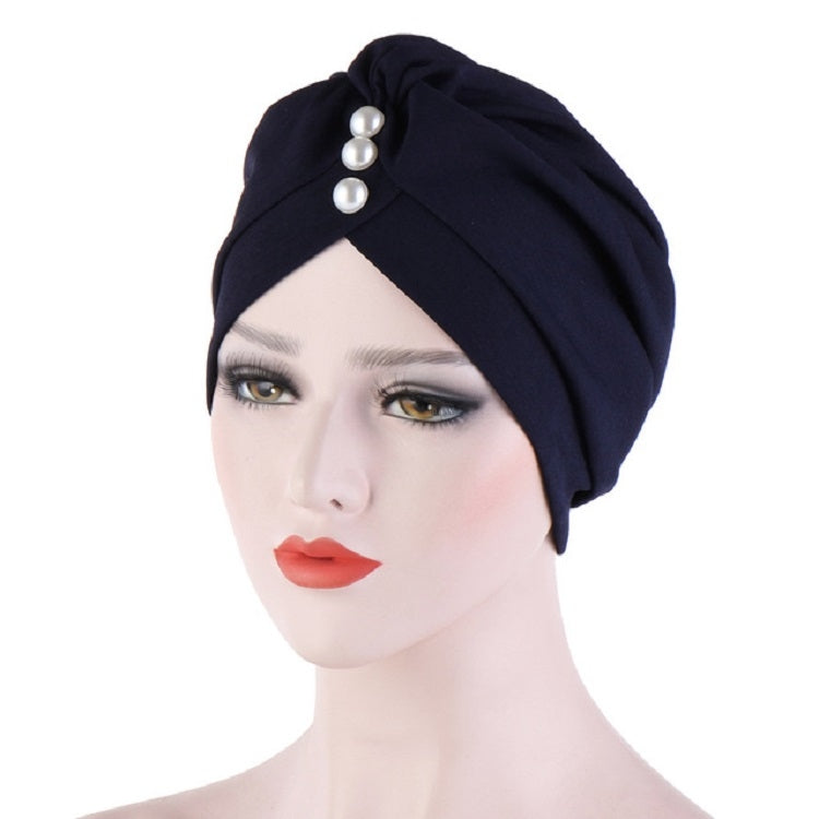 Cappello turbante con cappuccio decorativo con perle, piega sulla fronte da donna, 2 pezzi, One Size