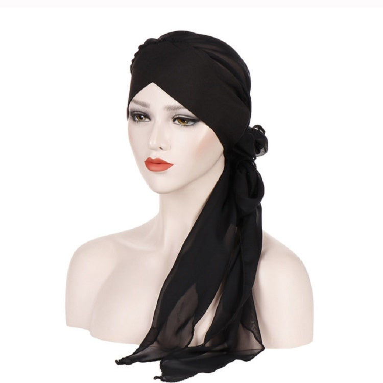 Cappello turbante con cappuccio a coda lunga in chiffon incrociato sulla fronte da 2 pezzi, One Size