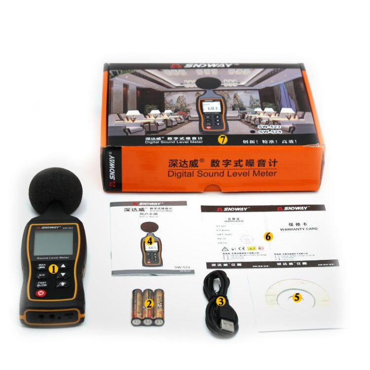 Misuratore di decibel di rumore portatile ad alta precisione SNDWAY, SW523, SW524(Storage+USB Communication)