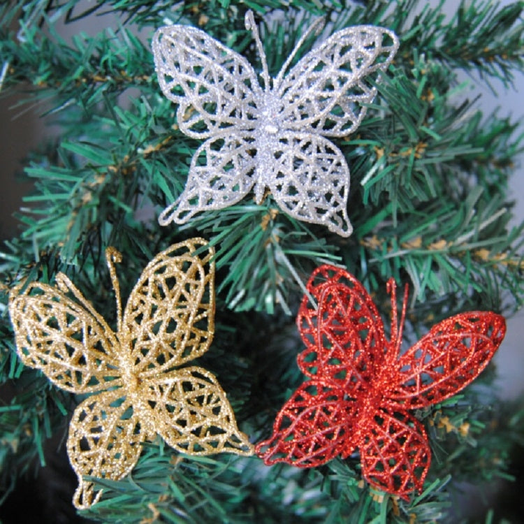 Ciondolo natalizio con farfalla, fiore artificiale, decorazione per albero di Natale, 5 pezzi, Gold, Silver, Aermy Green, Pink, Red