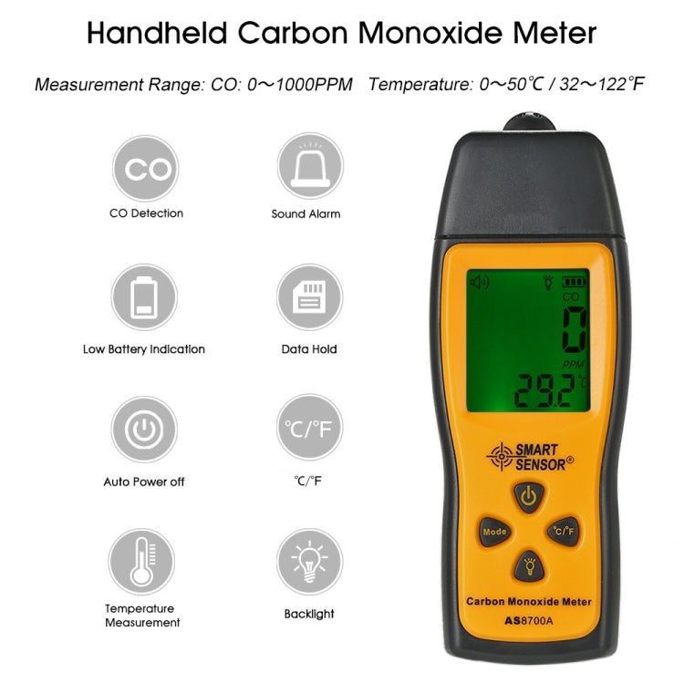 Smart Sensor AS8700A Misuratore portatile di monossido di carbonio Analizzatore digitale rilevatore di perdite di CO ad alta precisione, Allarme sonoro, Intervallo: 0-1000 ppm