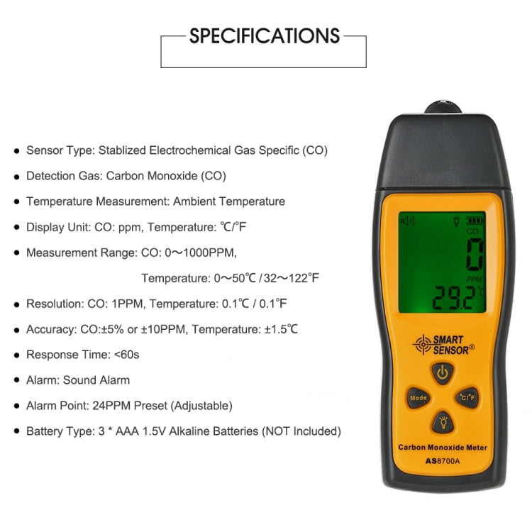 Smart Sensor AS8700A Misuratore portatile di monossido di carbonio Analizzatore digitale rilevatore di perdite di CO ad alta precisione, Allarme sonoro, Intervallo: 0-1000 ppm