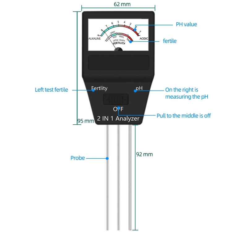 Strumenti da giardinaggio per misuratore di fertilità del terreno PH 2 in 1 con 3 sonde, 2 in 1