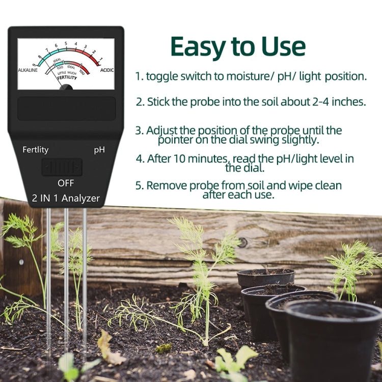 Strumenti da giardinaggio per misuratore di fertilità del terreno PH 2 in 1 con 3 sonde, 2 in 1