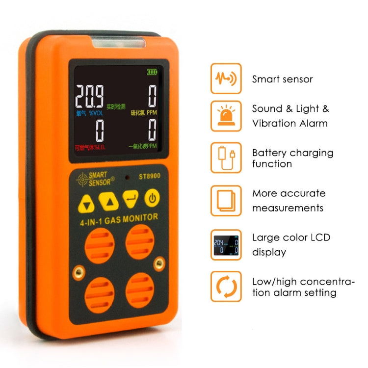 ST8900 4 in 1 Toxic Gas CO Detector Carbon Monoxide Hydrogen Sulfide H2S Oxygen Combustible Gas Test LCD Display Monitor, Sound Light Vibration Alarm