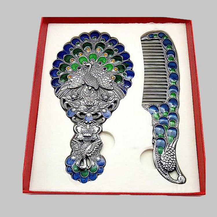 Confezione regalo con specchio pavone con manico vintage, pettine, specchio per trucco portatile in due pezzi