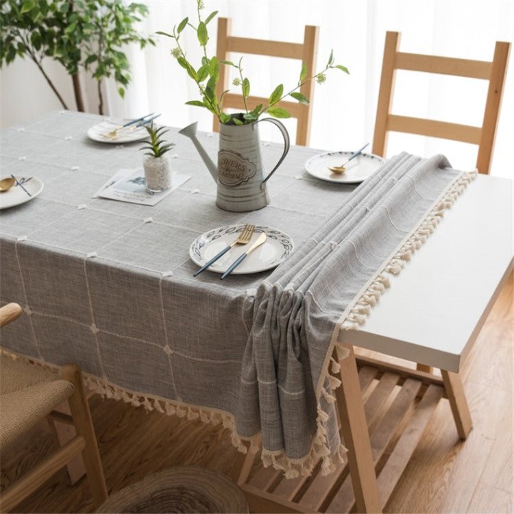 Tovaglia ricamata a reticolo quadrato Tappetino da caffè rettangolare in nappa di cotone di puro colore, 100x160cm, 110x170cm, 140x140cm, 140x180cm
