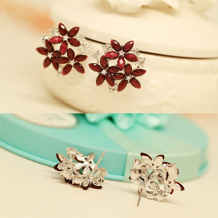 Orecchini a forma di fiore con strass zircone alla moda per gioielli da donna, blue, red, black
