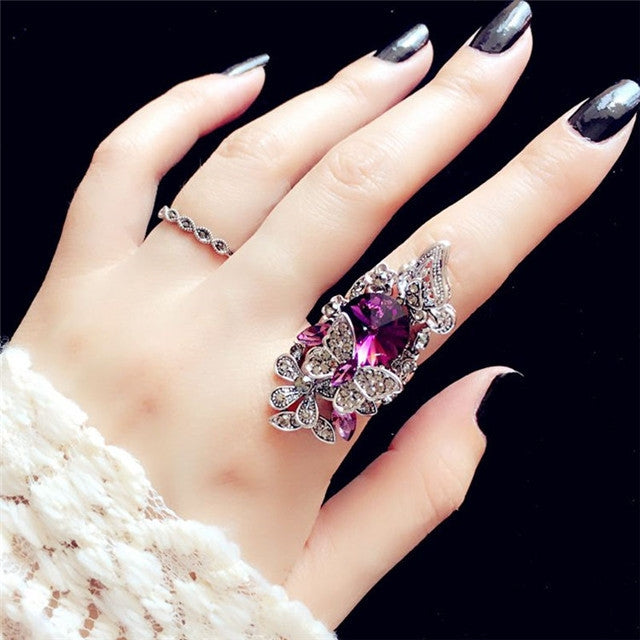 2 pezzi/set anello a forma di farfalla di cristallo con pietra preziosa palazzo retrò moda donna