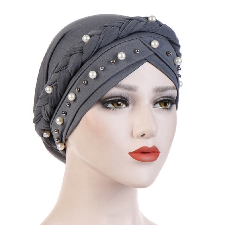 Berretto turbante da donna Berretto a treccia singola in seta di latte con rivetto bianco perla con cappuccio, 58cm