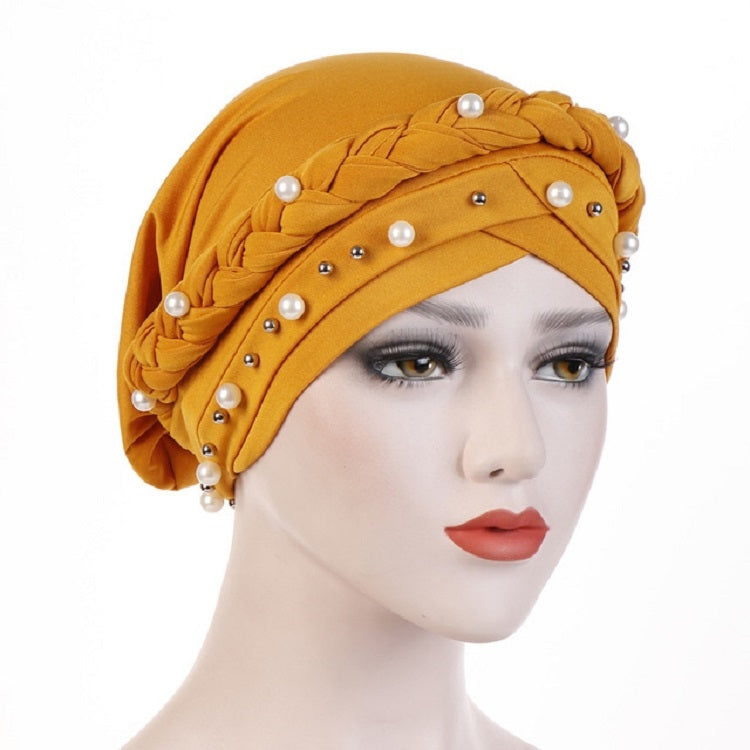 Berretto turbante da donna Berretto a treccia singola in seta di latte con rivetto bianco perla con cappuccio, 58cm
