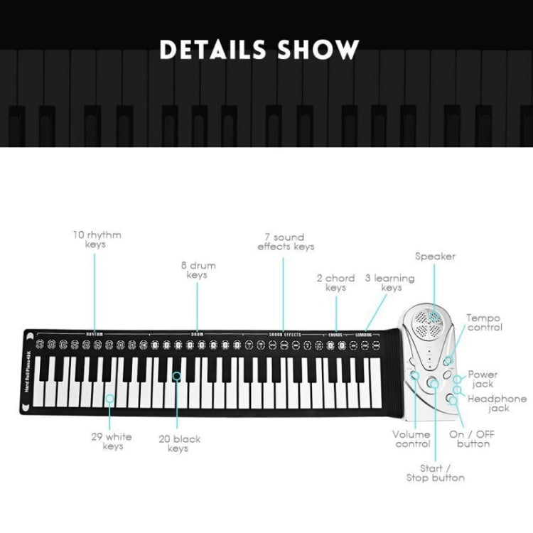 Pianoforte portatile a 49 tasti arrotolato a mano con corno. Principianti per bambini che praticano il pianoforte elettronico, 49-Key Hand-Rolled Piano