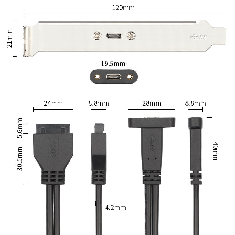 Cavo deflettore USB 3.0 20P a USB Type-C 50 cm