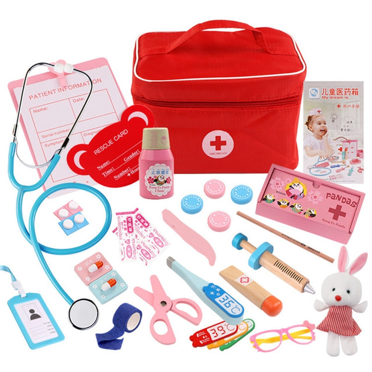 Set di scatole per medicinali di simulazione in legno con borsa di stoffa Giocattolo per giochi di ruolo da medico per bambini