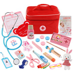 Set di scatole per medicinali di simulazione in legno con borsa di stoffa Giocattolo per giochi di ruolo da medico per bambini
