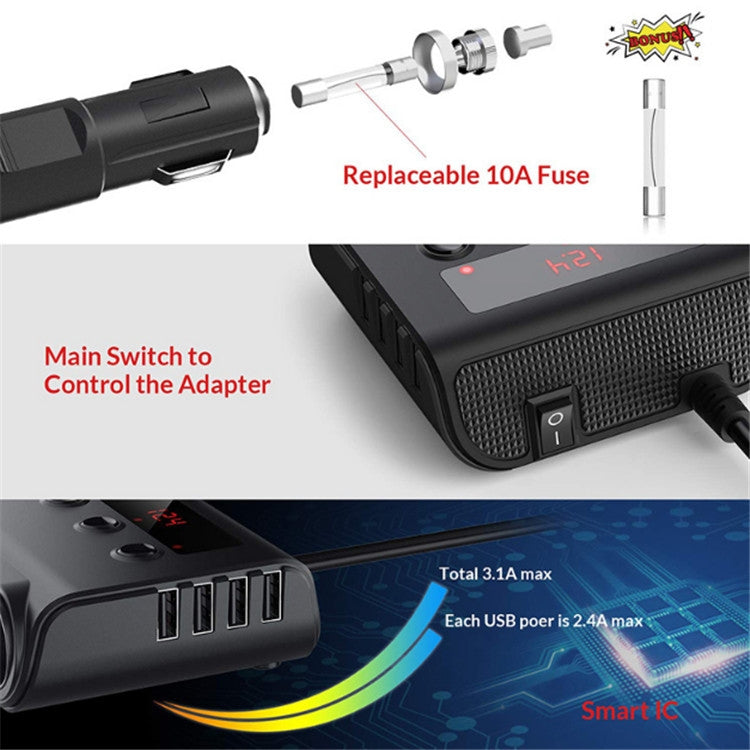 Accendisigari per auto TR12 100W One Drag Three con display della tensione di commutazione 4USB Accendisigari per auto, TR12 (Black), TR12