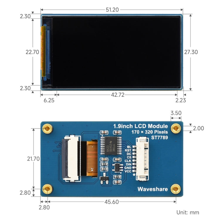 Modulo display LCD Waveshare da 1,9 pollici 262K colori 170x320 per Raspberry Pi Pico, interfaccia SPI, 23822, 1.9 inch