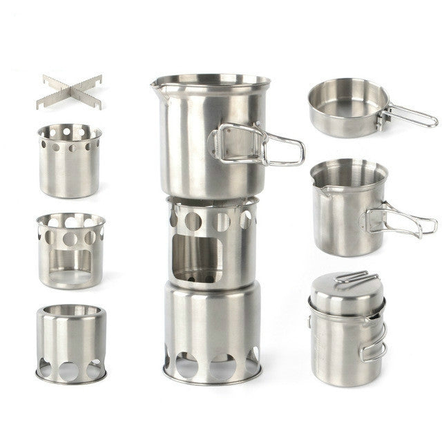 Set fornello da campeggio portatile per arrosto da esterno in acciaio inossidabile antivento, Wood Stove, Stove Set, Stove Set+Wood Stove