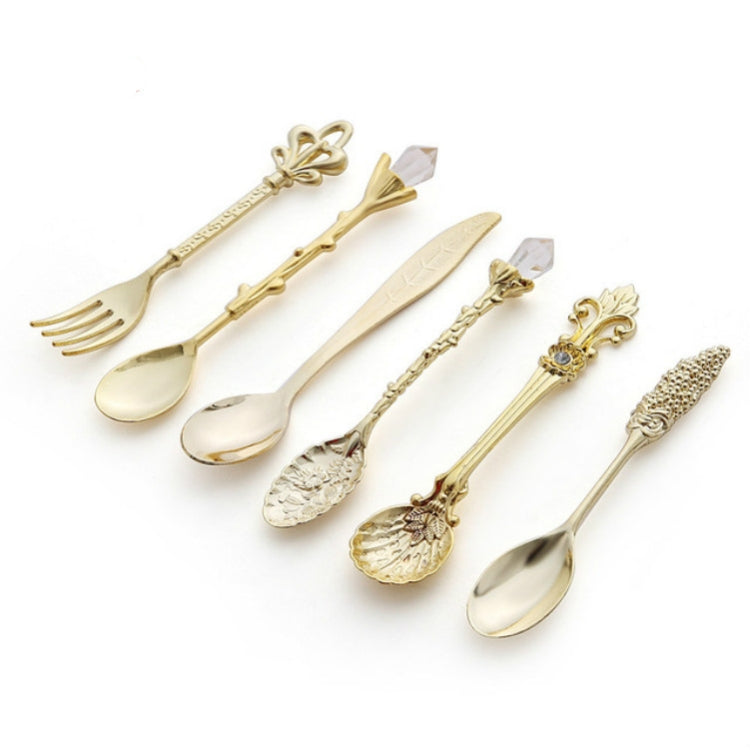 2 set mini cucchiaini da caffè vintage completi stile reale in metallo intagliato caffè frutta coltellina dessert posate utensili da cucina, Gold, Red Bronze, Antique Bronze（With Red Fork）, Antique Bronze（With Antique Fork）, Silver