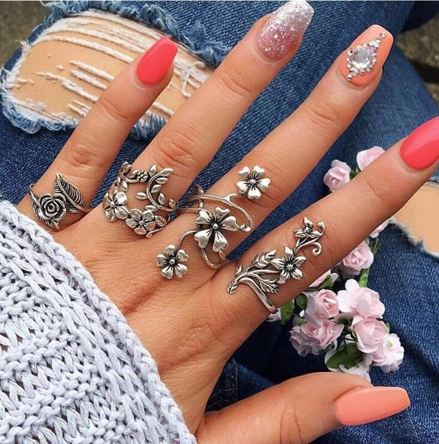 4 pezzi/set anelli antichi con fiori di rosa in stile bohémien vintage per donna