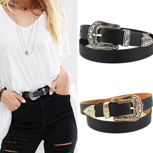 Cintura da donna con fibbia in metallo in vita da cowgirl occidentale in pelle nera Nuovo caldo, Gold single button black bottom, Gold double buckle black bottom, Silver single button black bottom, Silver double buckle black bottom                     ...