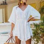 Costume da bagno bikini bianco da spiaggia con copricostume in pizzo di cotone