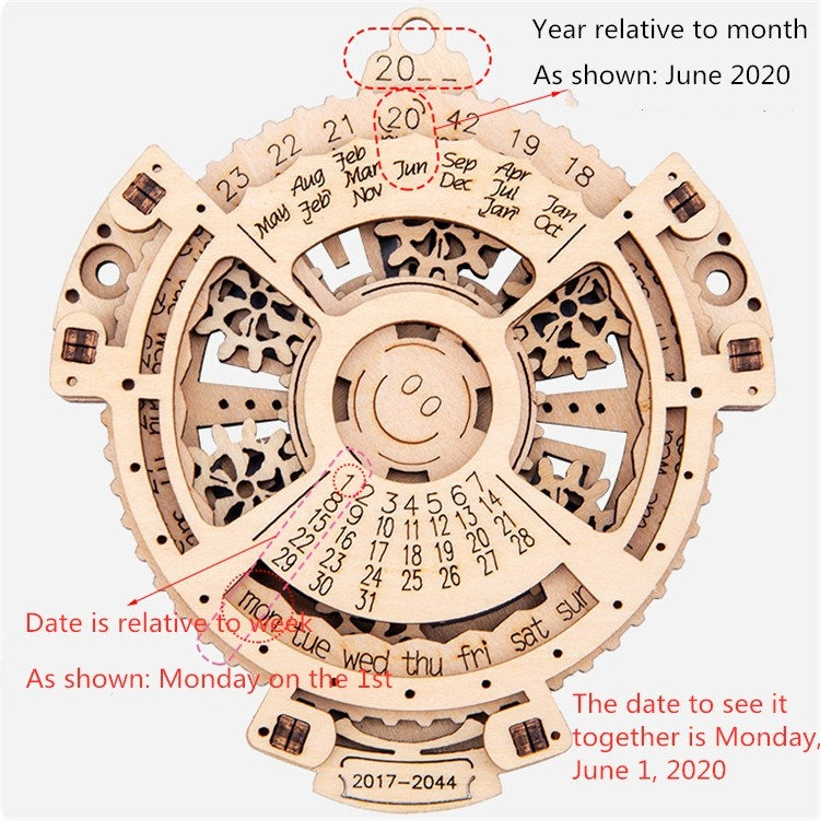Bambini Ingranaggio meccanico in legno Calendario perpetuo Modello di puzzle 3D Giocattoli assemblati fai-da-te, Wooden DIY Assembled Toys