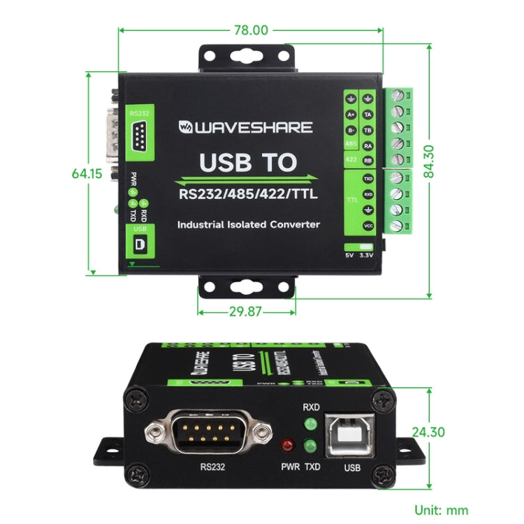 Convertitore di isolamento industriale con interfaccia Waveshare FT232RNL da USB a RS232/485/422/TTL, 23996, 23996