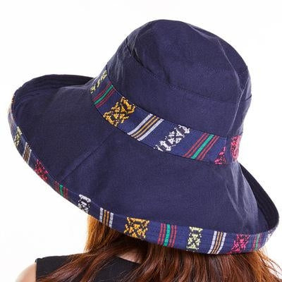 Cappelli da spiaggia indossabili su due lati in stile nazionale estivo da donna. Cappello da sole con bordo grande, One Size