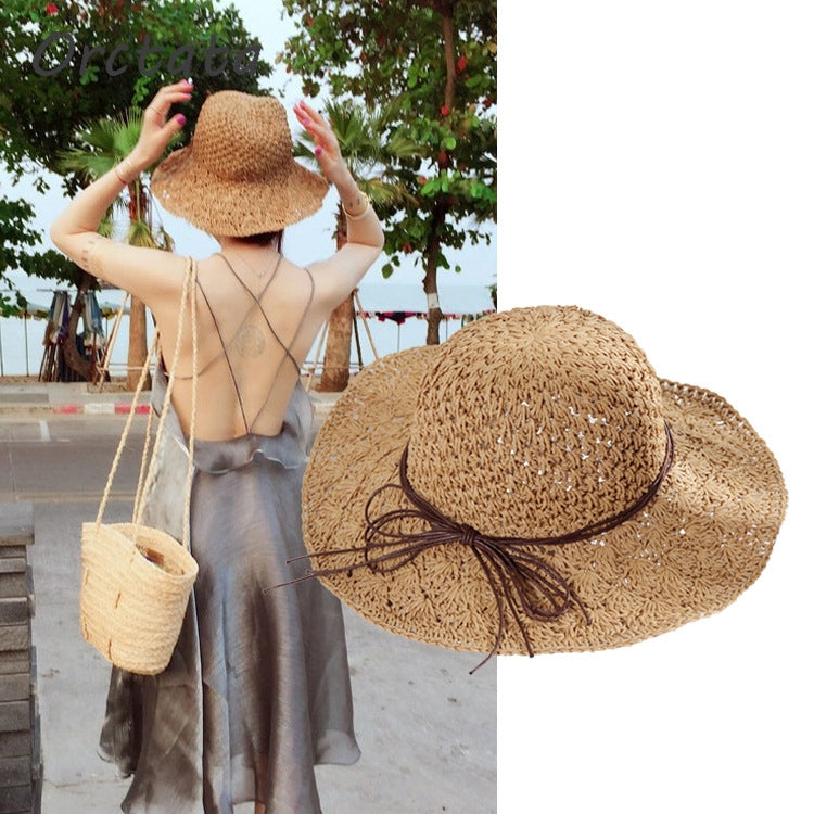 Cappello da sole pieghevole in paglia con fiocco in stile letterario