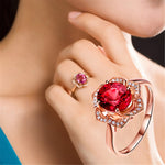 Anello da donna a forma di fiore in oro rosa con tormalina rossa alla moda, 6, 7, 8, 9, 10