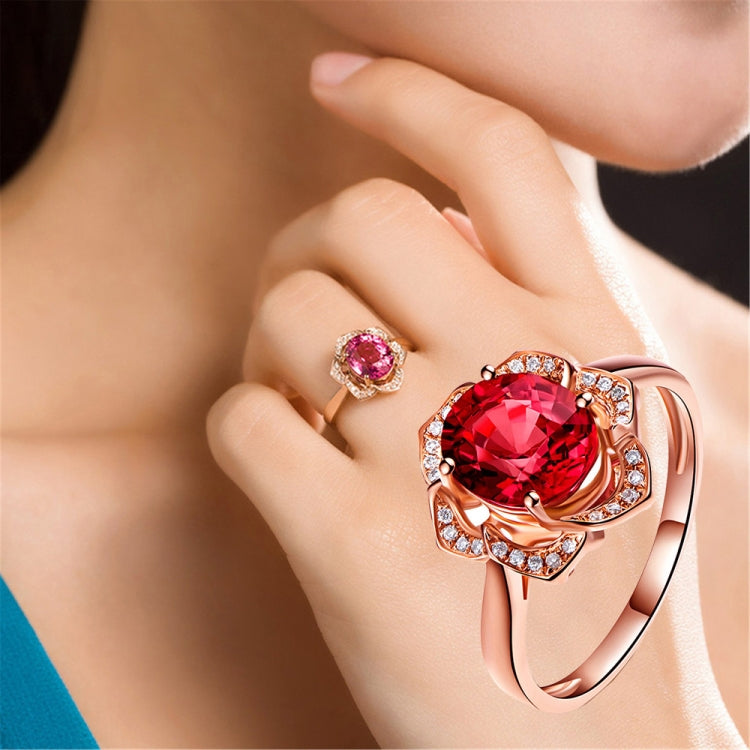 Anello da donna a forma di fiore in oro rosa con tormalina rossa alla moda, 6, 7, 8, 9, 10