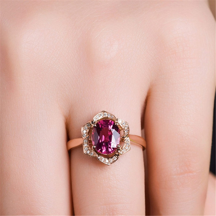Anello da donna a forma di fiore in oro rosa con tormalina rossa alla moda, 6, 7, 8, 9, 10