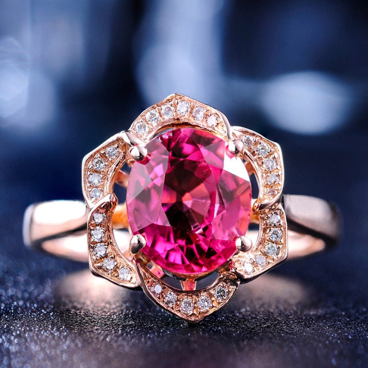 Anello da donna a forma di fiore in oro rosa con tormalina rossa alla moda, 6, 7, 8, 9, 10
