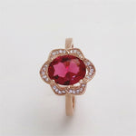 Anello da donna a forma di fiore in oro rosa con tormalina rossa alla moda, 6, 7, 8, 9, 10