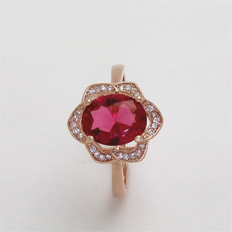 Anello da donna a forma di fiore in oro rosa con tormalina rossa alla moda, 6, 7, 8, 9, 10