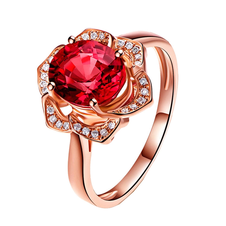 Anello da donna a forma di fiore in oro rosa con tormalina rossa alla moda, 6, 7, 8, 9, 10