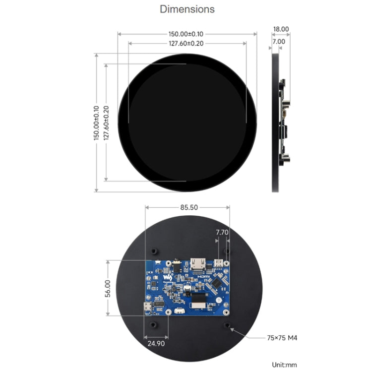 Touchscreen circolare a 10 punti HDMI da 5 pollici Waveshare 1080x1080 IPS otticamente incollato, 5 inch IPS