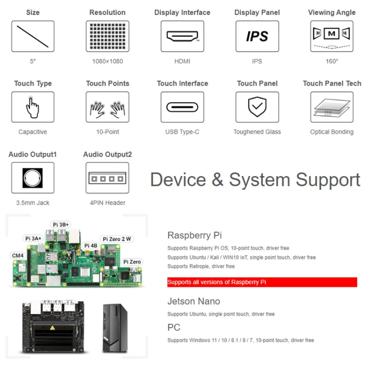 Touchscreen circolare a 10 punti HDMI da 5 pollici Waveshare 1080x1080 IPS otticamente incollato, 5 inch IPS