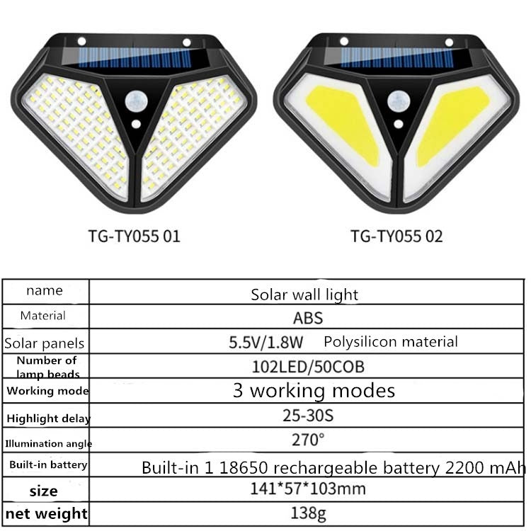 Lampada da parete solare LED 102+50 COB impermeabile