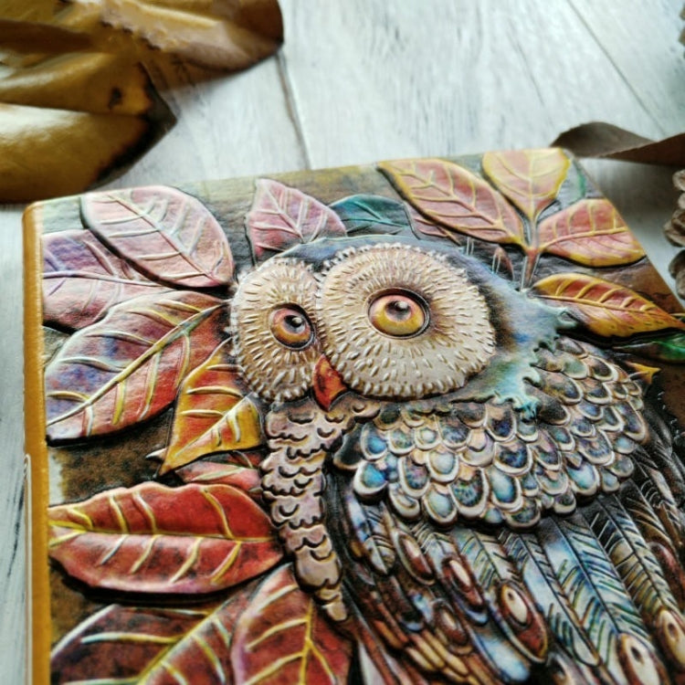 01663 Taccuino carino per quaderno di schizzi con gufo intagliato in pelle spessa vintage vintage