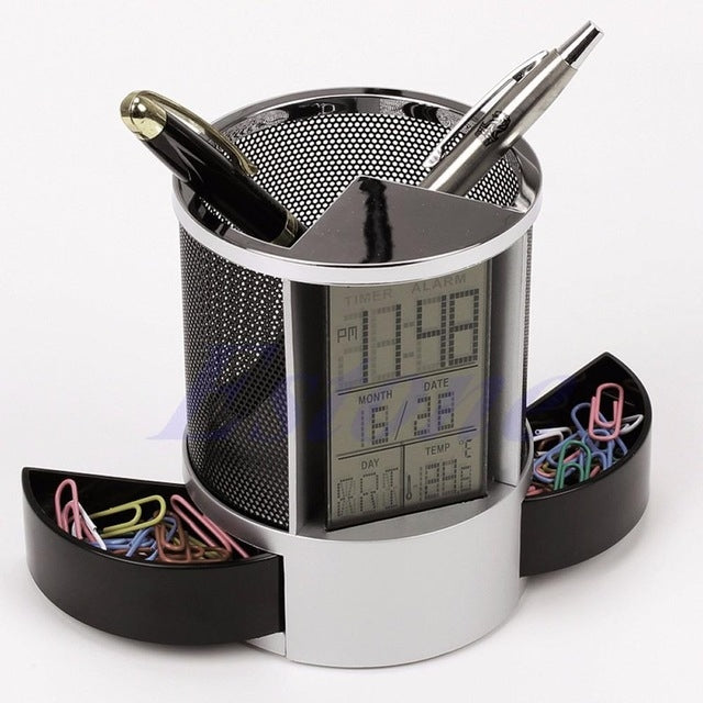 Portapenne per penna a rete da scrivania Calendario perpetuo Forniture per ufficio Scatola portapenne digitale multifunzionale per penne a LED