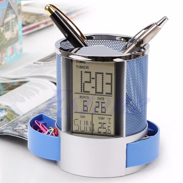 Portapenne per penna a rete da scrivania Calendario perpetuo Forniture per ufficio Scatola portapenne digitale multifunzionale per penne a LED