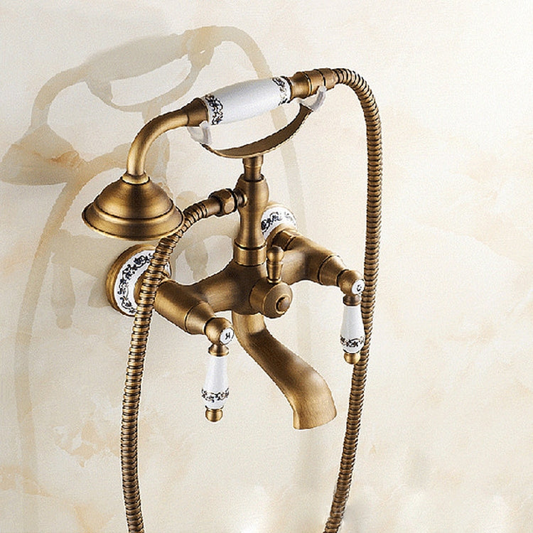 Rubinetto per vasca da bagno a parete in ottone antico, doppie maniglie in ceramica, doccetta stile telefono, Blue and White Telephone Shower, Telephone Shower + Fixed Seat, Telephone Shower + Blue and White Fixed Seat