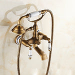 Rubinetto per vasca da bagno a parete in ottone antico, doppie maniglie in ceramica, doccetta stile telefono, Blue and White Telephone Shower, Telephone Shower + Fixed Seat, Telephone Shower + Blue and White Fixed Seat