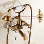 Rubinetto per vasca da bagno a parete in ottone antico, doppie maniglie in ceramica, doccetta stile telefono, Blue and White Telephone Shower, Telephone Shower + Fixed Seat, Telephone Shower + Blue and White Fixed Seat
